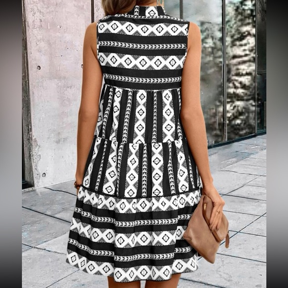 Boho Geometric Abstract Print Sleeveless Collar Dress - Picture 6 of 12